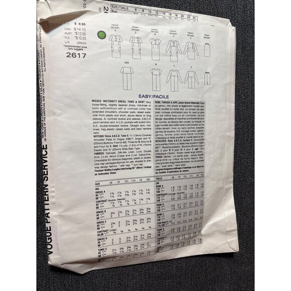 Vogue Sewing Pattern 2617 Misses Maternity Dress/Tunic/Skirt Loose-Fitting Styli - Picture 2 of 3